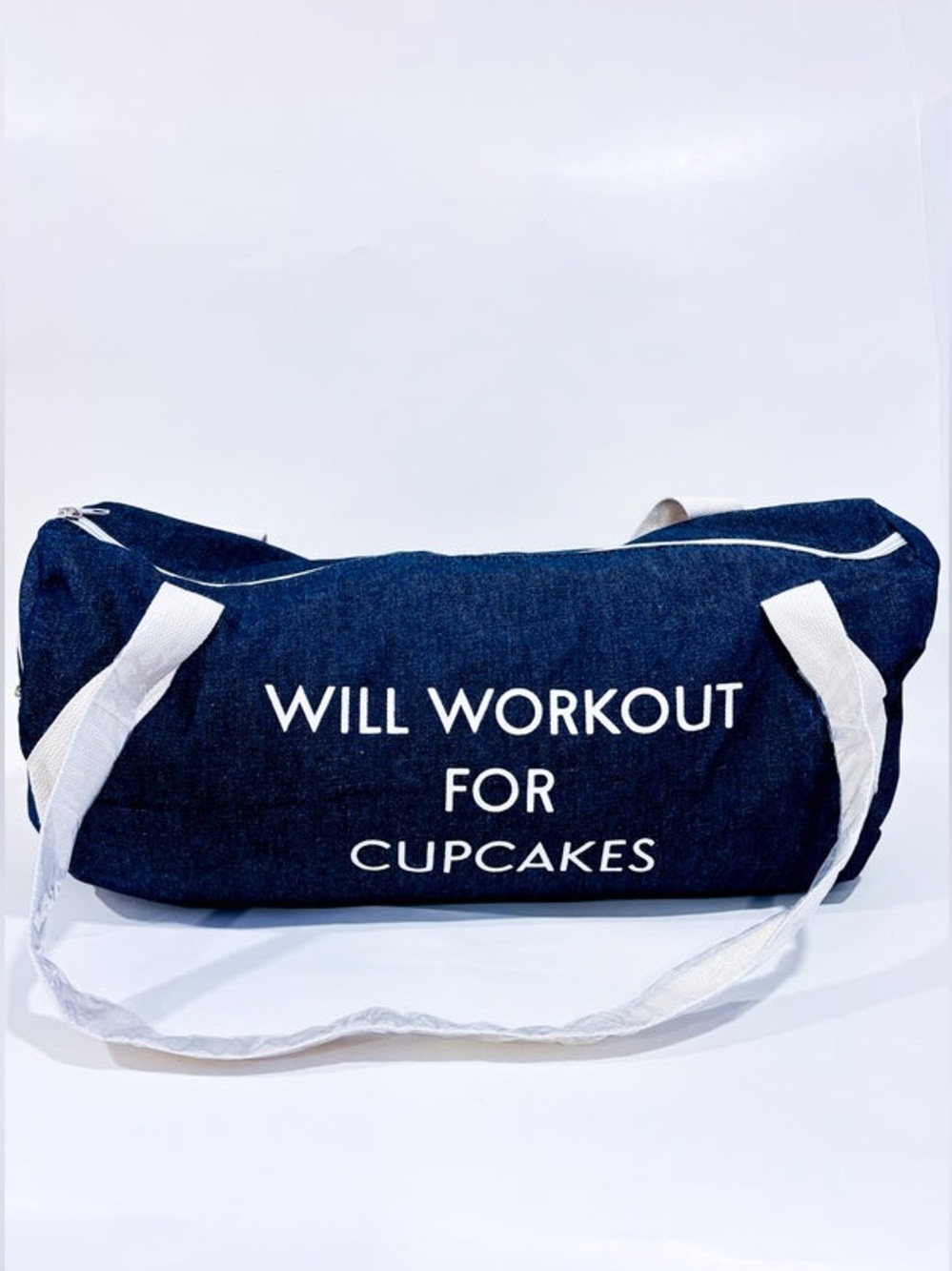 PRIVATE PARTY Denim Gym Bag Will Workout for Cupcakes, Denim Gym Bag.